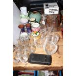 Various glassware, pottery, Halcyon Days enamel box, Cosmos radiophone, camera,