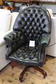 Green leather deep buttoned swivel desk chair