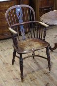 Victorian Windsor elm pierced splat back elbow chair with crinoline stretcher