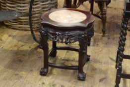 Oriental carved hardwood and marble inset jardiniere stand, 46.