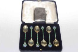 Set of six silver-gilt and enamel coffee spoons, Walker & Hall,