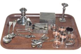 Collection of silver to include spoons, napkin rings, dwarf candlesticks,