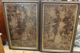 Pair large framed tapestries depicting figures in a garden,