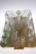 Large cut glass bowl, decanters, cruet bottles,