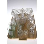 Large cut glass bowl, decanters, cruet bottles,