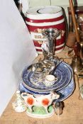 Brandy barrel, cow creamer, blue and white china, silver plated vase and cream jug,
