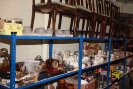 Full shelf of glass, china, costume jewellery, inlaid clock, brass and plated ware,