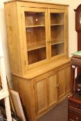 Pine glazed door top cabinet bookcase