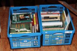 Two boxes of cricketing books including John Arlott, Brian Johnson, Henry Blofeld,