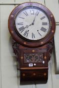 Victorian rosewood and satinwood inlaid drop dial wall clock