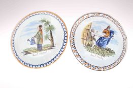 Pair of French Faience plates decorated with Saints, 19th Century, one inscribed 'Saint Martin',