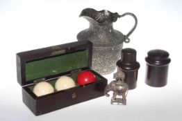 Billiard balls, two treen containers,
