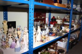 Large collection of figures, dolls, Piggin pigs, vintage style telephone, clocks, brassware,