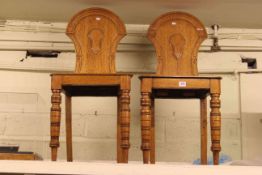 Pair Victorian oak shaped back hall chairs