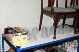 Set of ten glass light shades and box of door furniture