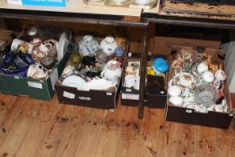 Four boxes of glass and china, teaware, figures,