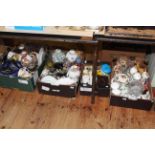 Four boxes of glass and china, teaware, figures,