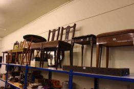 Five Victorian parlour chairs (3x2), piano stool, walnut trinket table, oak kerb,
