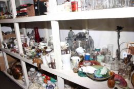 Large collection of glass, china, metalware, dolls,