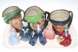 Three large Royal Doulton character jugs and five figurines