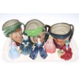 Three large Royal Doulton character jugs and five figurines