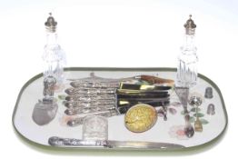 Two silver topped cruet bottles, set of six Sheffield silver handled knives,
