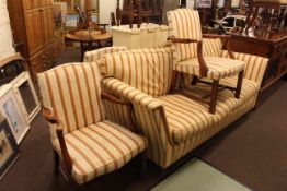 Three seater settee and three open armchairs in striped fabric