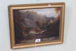 Ralph Johnson, Fisherman by a Bridge, oil on canvas, in gilt framed, 29.5cm by 39.