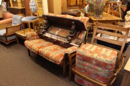 Ercol two seater settee, chair frame and footstool, tiled top coffee table,