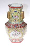 Chinese polychrome vase of hexagonal baluster form with overglaze character mark,