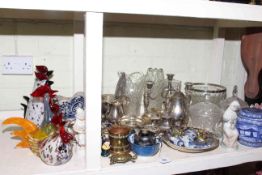 Coloured glass birds and other glassware, silver plated ware, china,