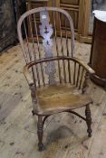 Victorian Windsor elm pierced splat back elbow chair with crinoline stretcher
