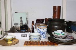 Oriental china, metalware, bamboo brush pot, bookends,