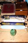 Four Victorian glass rolling pins, green glass dump and small cane,