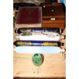 Four Victorian glass rolling pins, green glass dump and small cane,