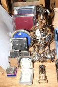 Silver plated ware including spirit kettle, teaware, photograph frames,