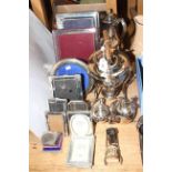 Silver plated ware including spirit kettle, teaware, photograph frames,