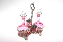 Silver-plated and etched cranberry glass cruet stand