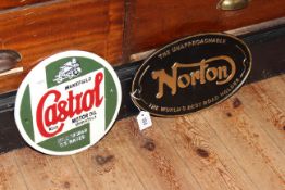 Two cast metal advert signs 'Norton' and 'Castrol'