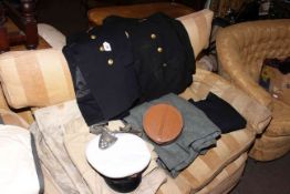 Two naval jackets, trousers, Great coat, cap,