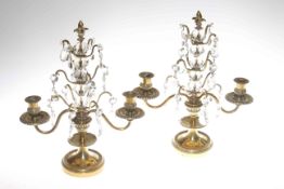 Pair of brass and lustre drop candle holders