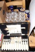 Sixteen crystal glasses, cased fish eaters, Wade navy decanter,