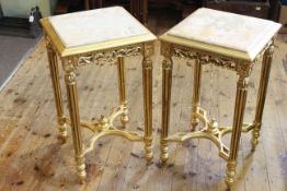Pair gilt painted and marble inset lamp tables,