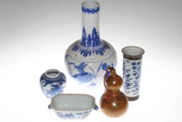 Two Oriental blue and white vases, blue and white ginger jar, dish,