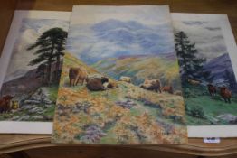 DM & EM Alderson, Highland Cattle in Landscape, three watercolours, each signed,