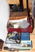 Small camphor box, two pairs binoculars, camera, coins, costume jewellery, bayonet,