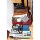 Small camphor box, two pairs binoculars, camera, coins, costume jewellery, bayonet,