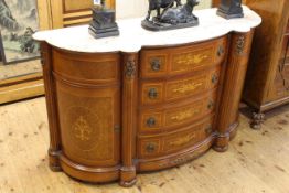Continental inlaid and marble topped shaped front credenza having four central inlaid drawers