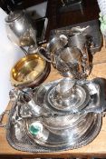 Assorted silver plated ware, bronze bowl, cutlery,