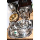 Assorted silver plated ware, bronze bowl, cutlery,